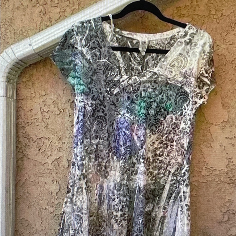 Free People White and Black Paisley Short Sleeve Top
